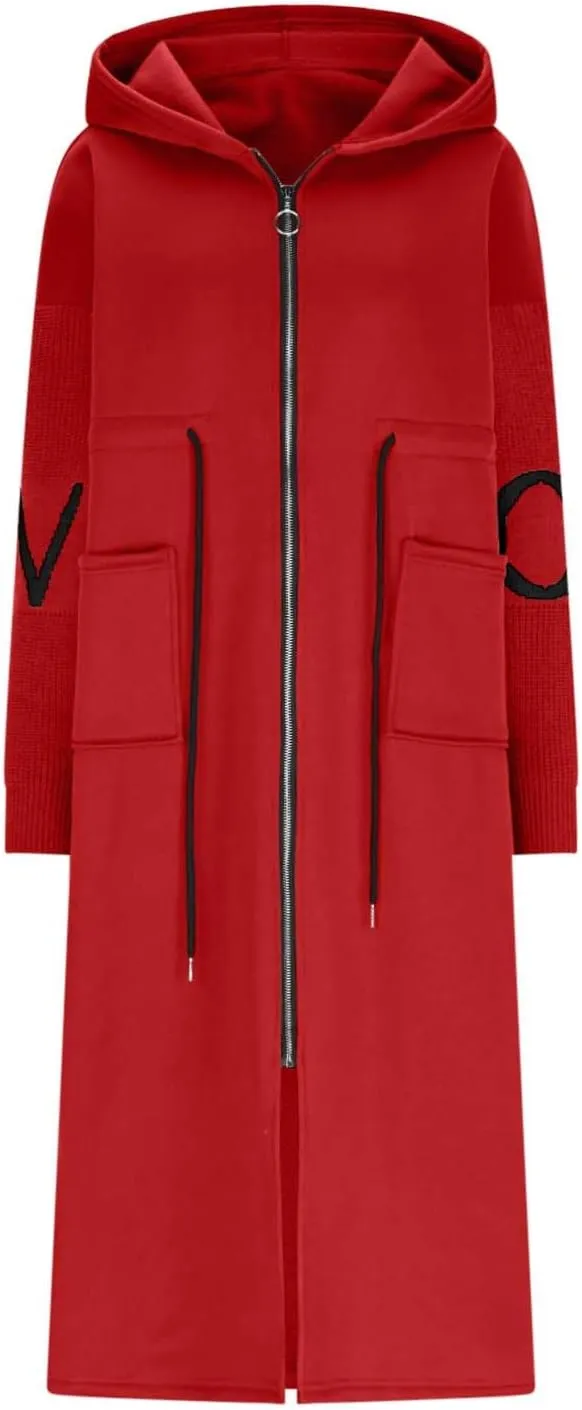 Trench Coats for Women Fashion Letter Knitted Patchwork Hooded Jackets Pocket Casual Zipper Drawstring Long Overcoat