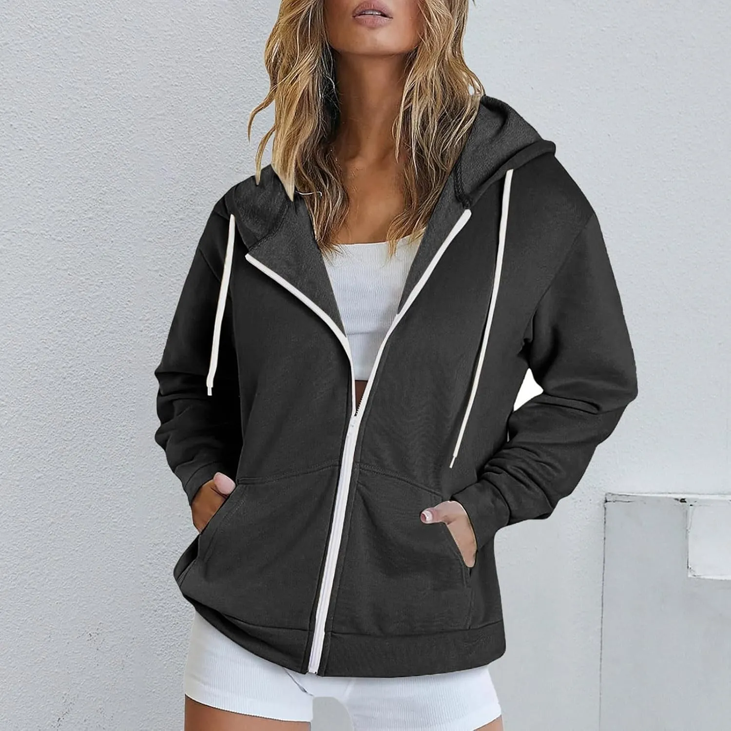TUNUSKAT Womens Zip Up Hoodie Fall Oversized Sweatshirts Teen Girl Y2K Clothes Casual Drawstring Gym Jackets with Pockets
