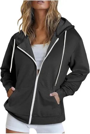 TUNUSKAT Womens Zip Up Hoodie Fall Oversized Sweatshirts Teen Girl Y2K Clothes Casual Drawstring Gym Jackets with Pockets