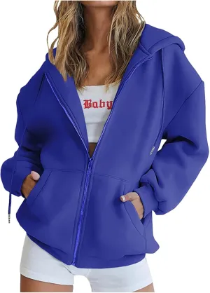 TUNUSKAT Womens Zip Up Hoodie Fall Oversized Sweatshirts Teen Girl Y2K Clothes Casual Drawstring Gym Jackets with Pockets