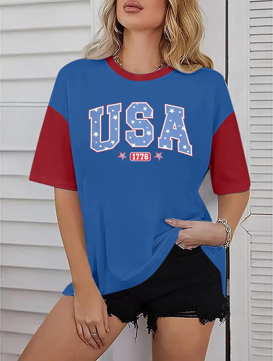 USA Shirt American Flag Shirt : Women Oversize 4th of July Shirts Patriotic T-Shirt Memorial Day Short Sleeve Tops
