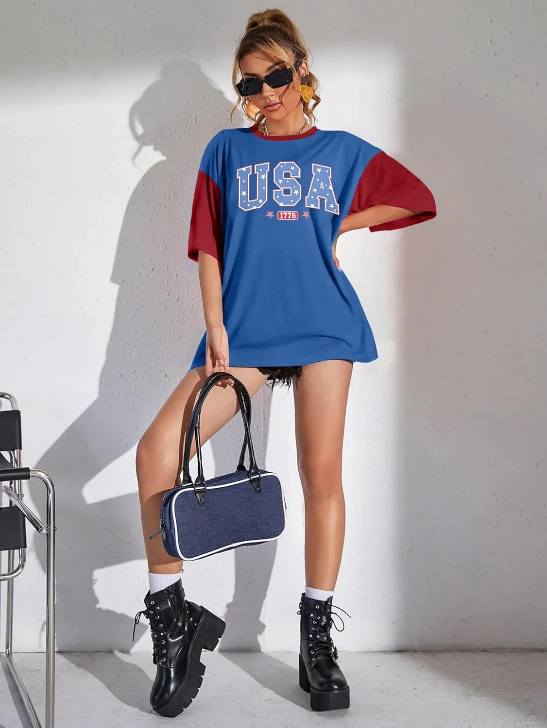 USA Shirt American Flag Shirt : Women Oversize 4th of July Shirts Patriotic T-Shirt Memorial Day Short Sleeve Tops