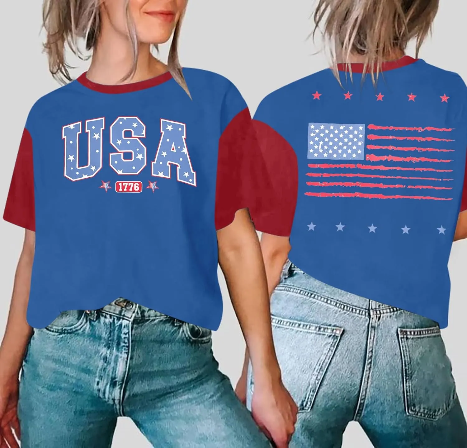 USA Shirt American Flag Shirt : Women Oversize 4th of July Shirts Patriotic T-Shirt Memorial Day Short Sleeve Tops