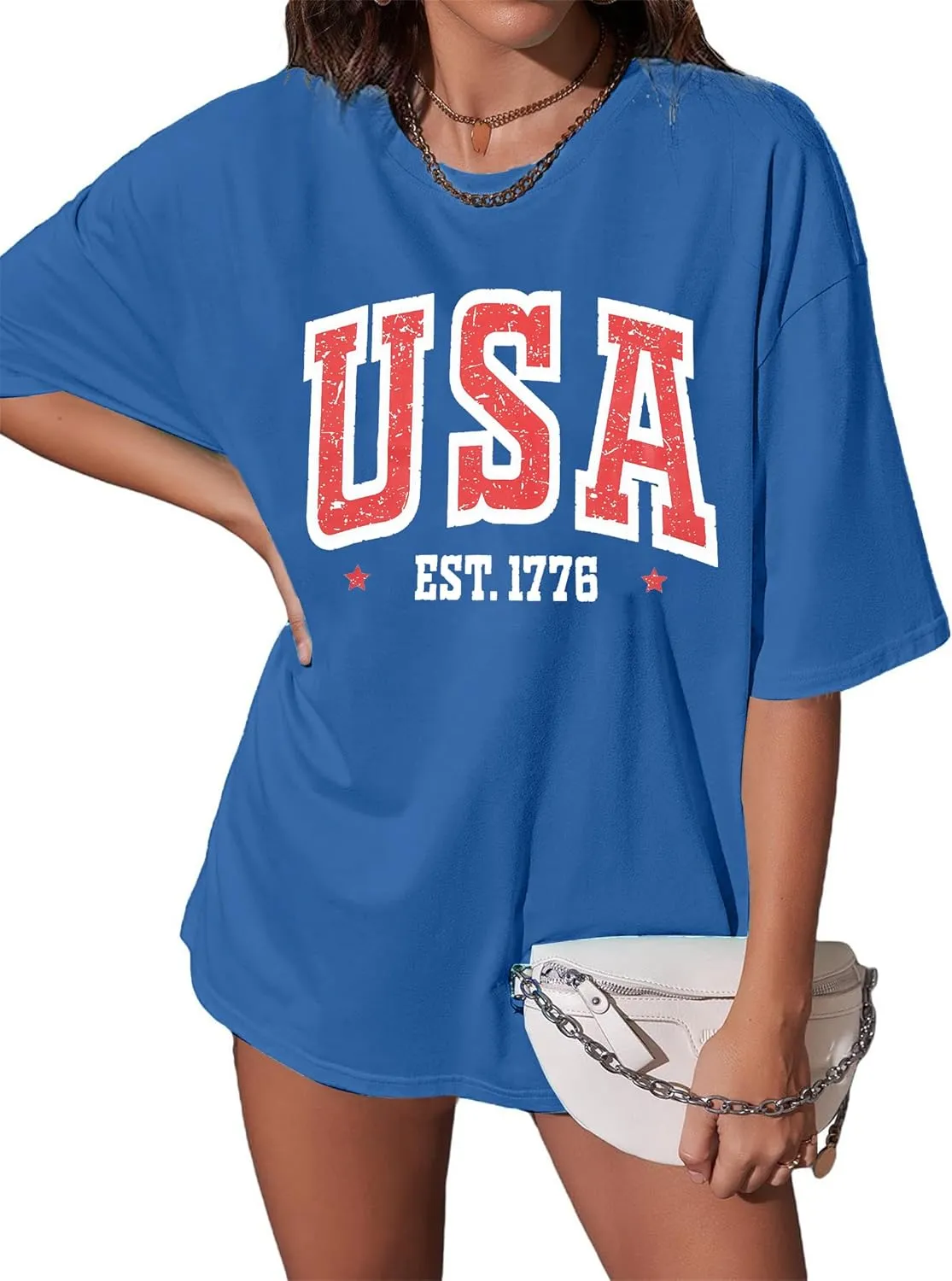 USA Shirt American Flag Shirt : Women Oversize 4th of July Shirts Patriotic T-Shirt Memorial Day Short Sleeve Tops