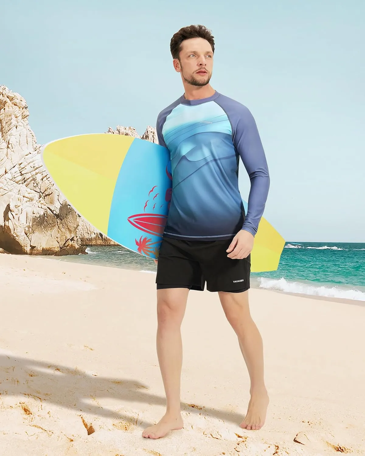 VAYAGER Men's Swim Shirt UPF 50  UV Sun Protection Quick Dry Rash Guard Shirts Short Sleeve Surf Shirt Fishing Beach T-Shirt