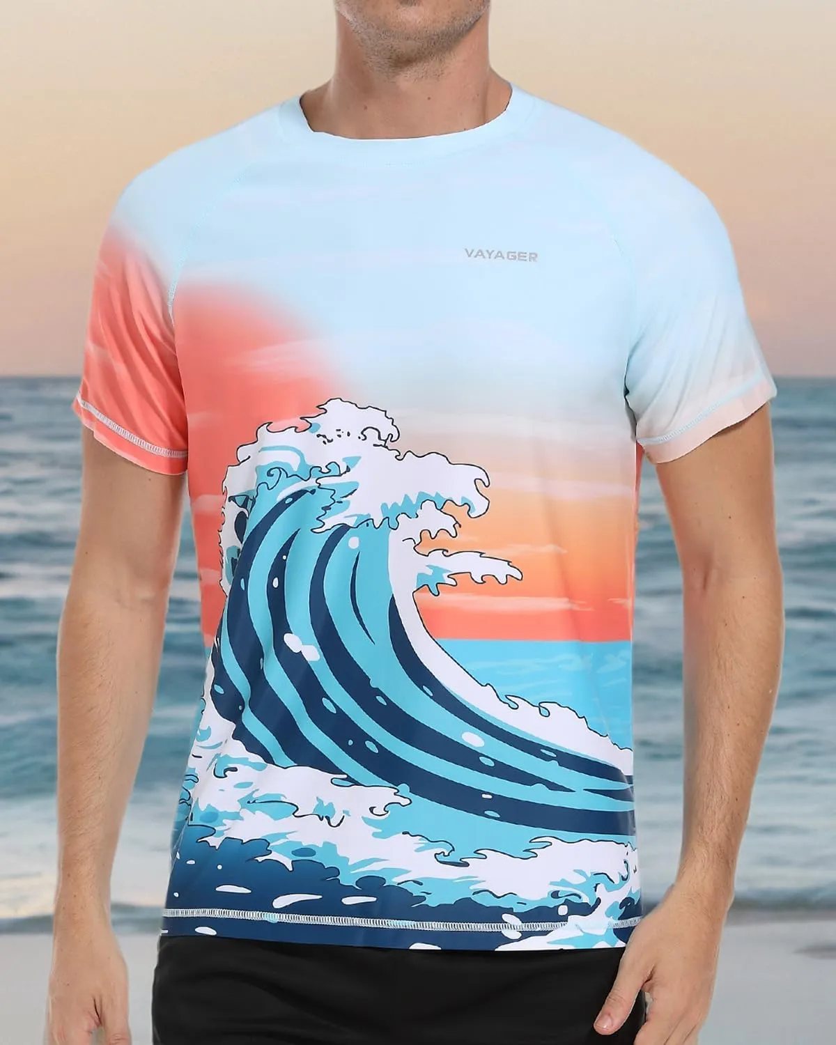 VAYAGER Men's Swim Shirt UPF 50  UV Sun Protection Quick Dry Rash Guard Shirts Short Sleeve Surf Shirt Fishing Beach T-Shirt
