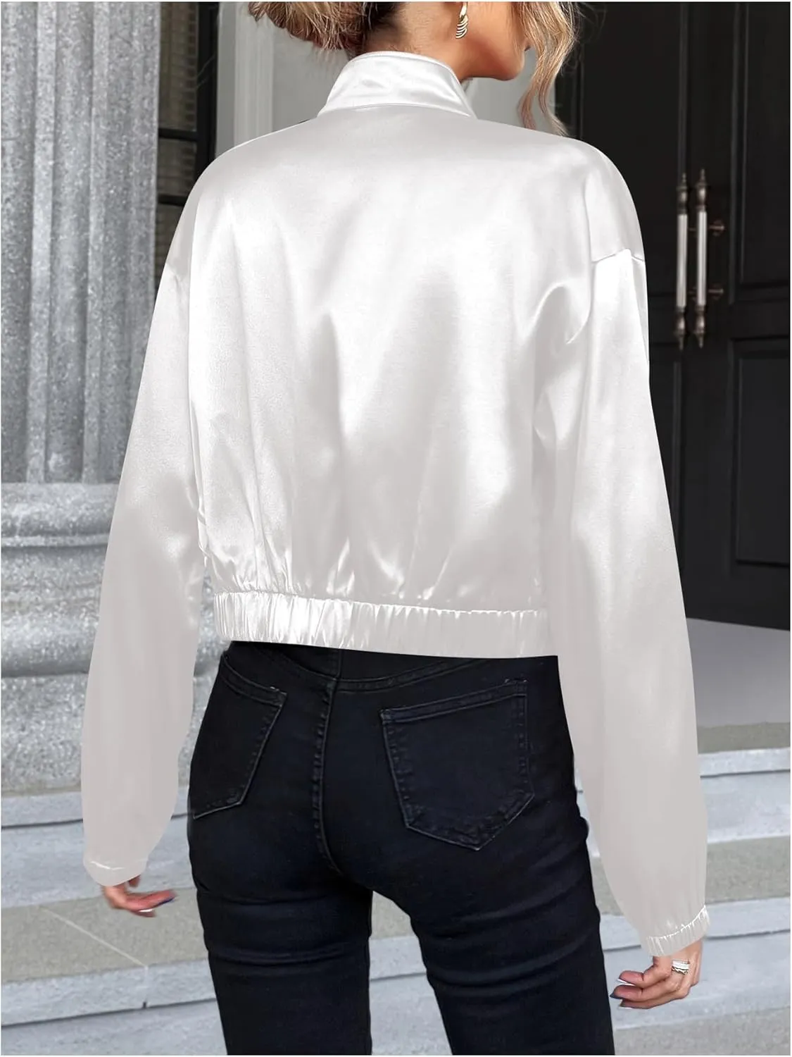 Verdusa Women's Bomber Satin Lightweight Jacket Drop Shoulder Long Sleeve Zip Up Outerwear