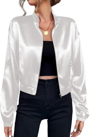 Verdusa Women's Bomber Satin Lightweight Jacket Drop Shoulder Long Sleeve Zip Up Outerwear