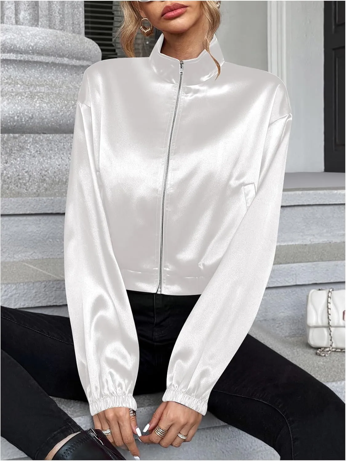 Verdusa Women's Bomber Satin Lightweight Jacket Drop Shoulder Long Sleeve Zip Up Outerwear