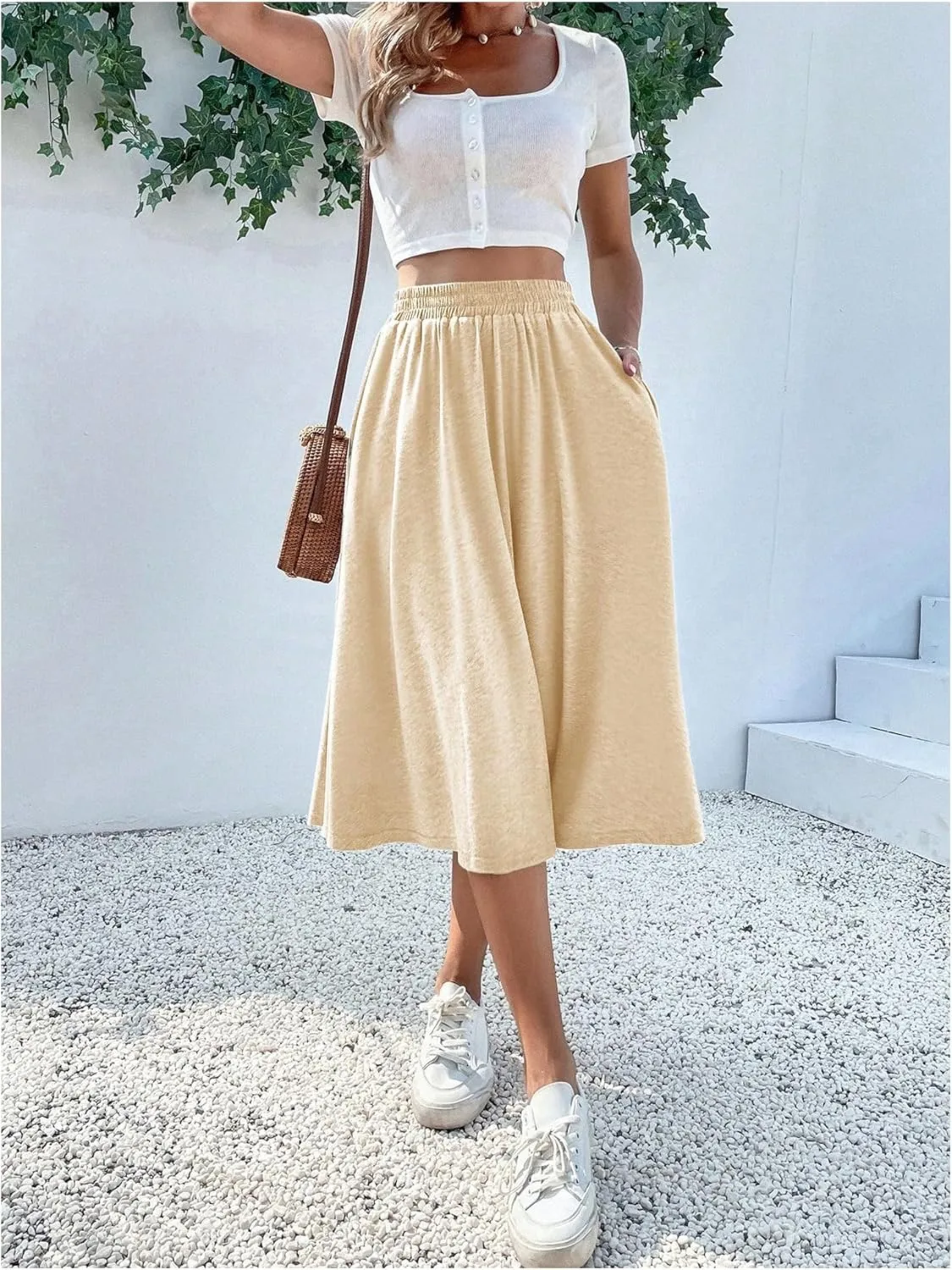 Verdusa Women's Elastic Waist Pocket Side A Line Midi Swing Flared Skirt
