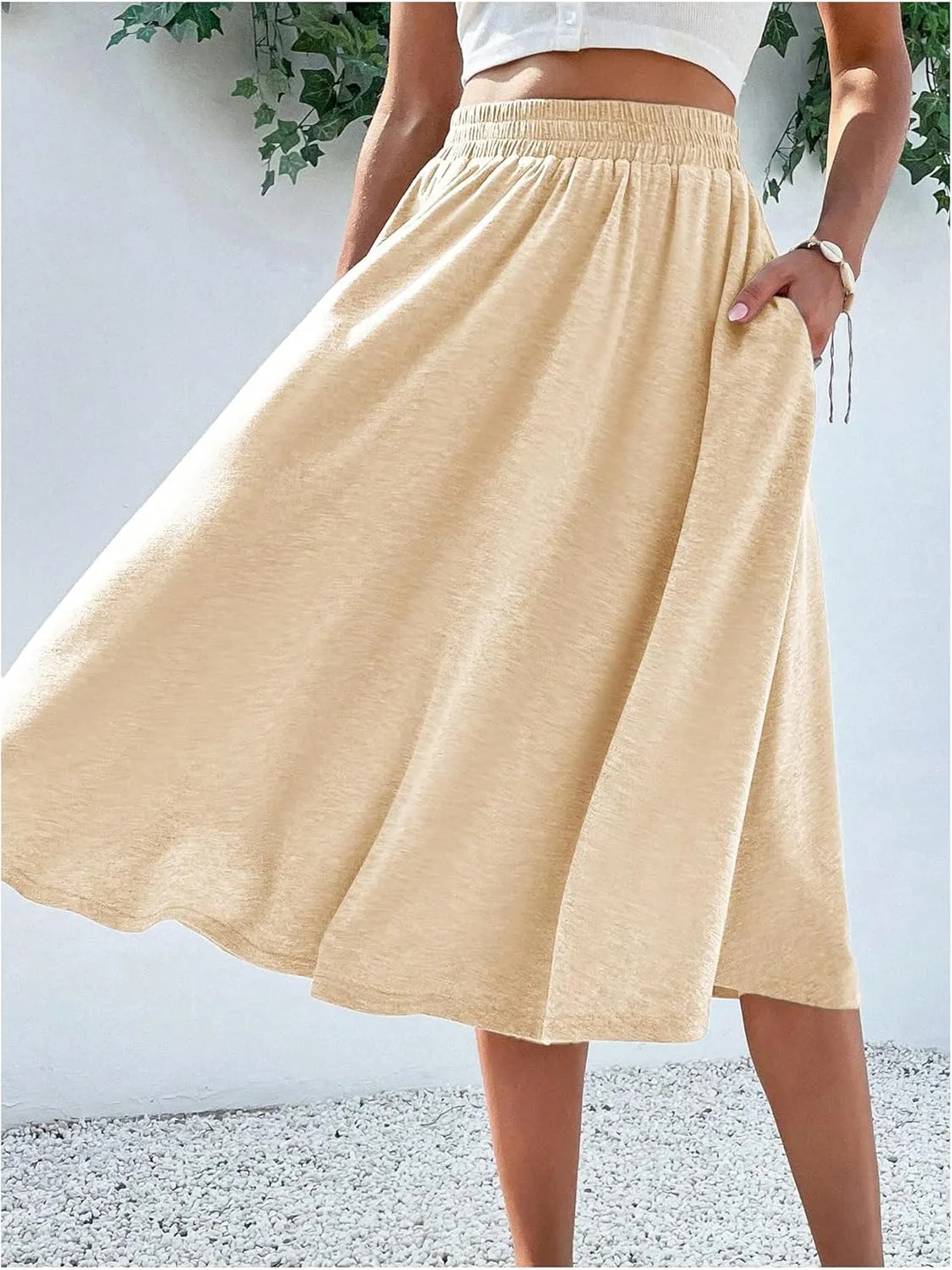 Verdusa Women's Elastic Waist Pocket Side A Line Midi Swing Flared Skirt