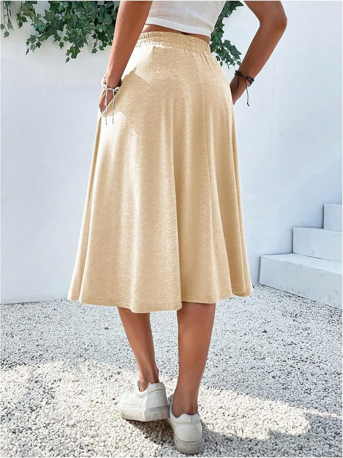Verdusa Women's Elastic Waist Pocket Side A Line Midi Swing Flared Skirt