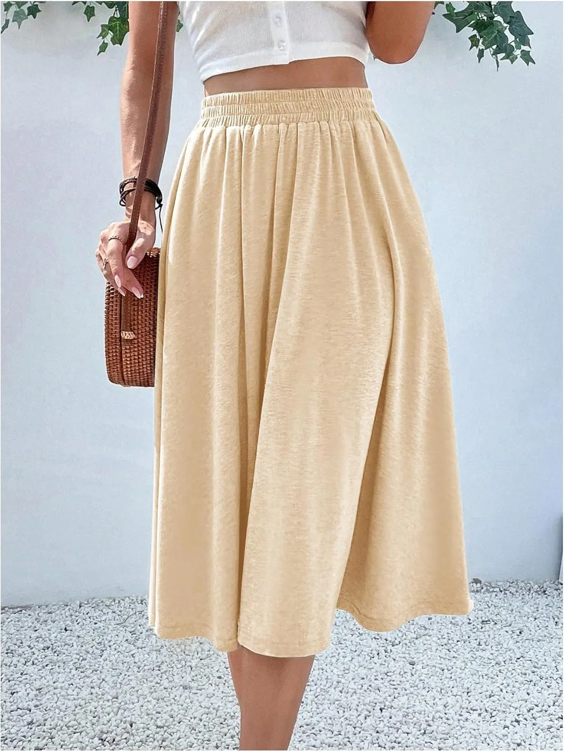 Verdusa Women's Elastic Waist Pocket Side A Line Midi Swing Flared Skirt
