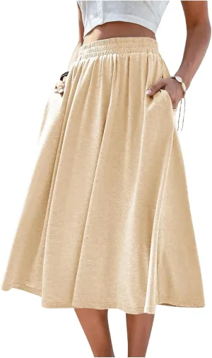 Verdusa Women's Elastic Waist Pocket Side A Line Midi Swing Flared Skirt