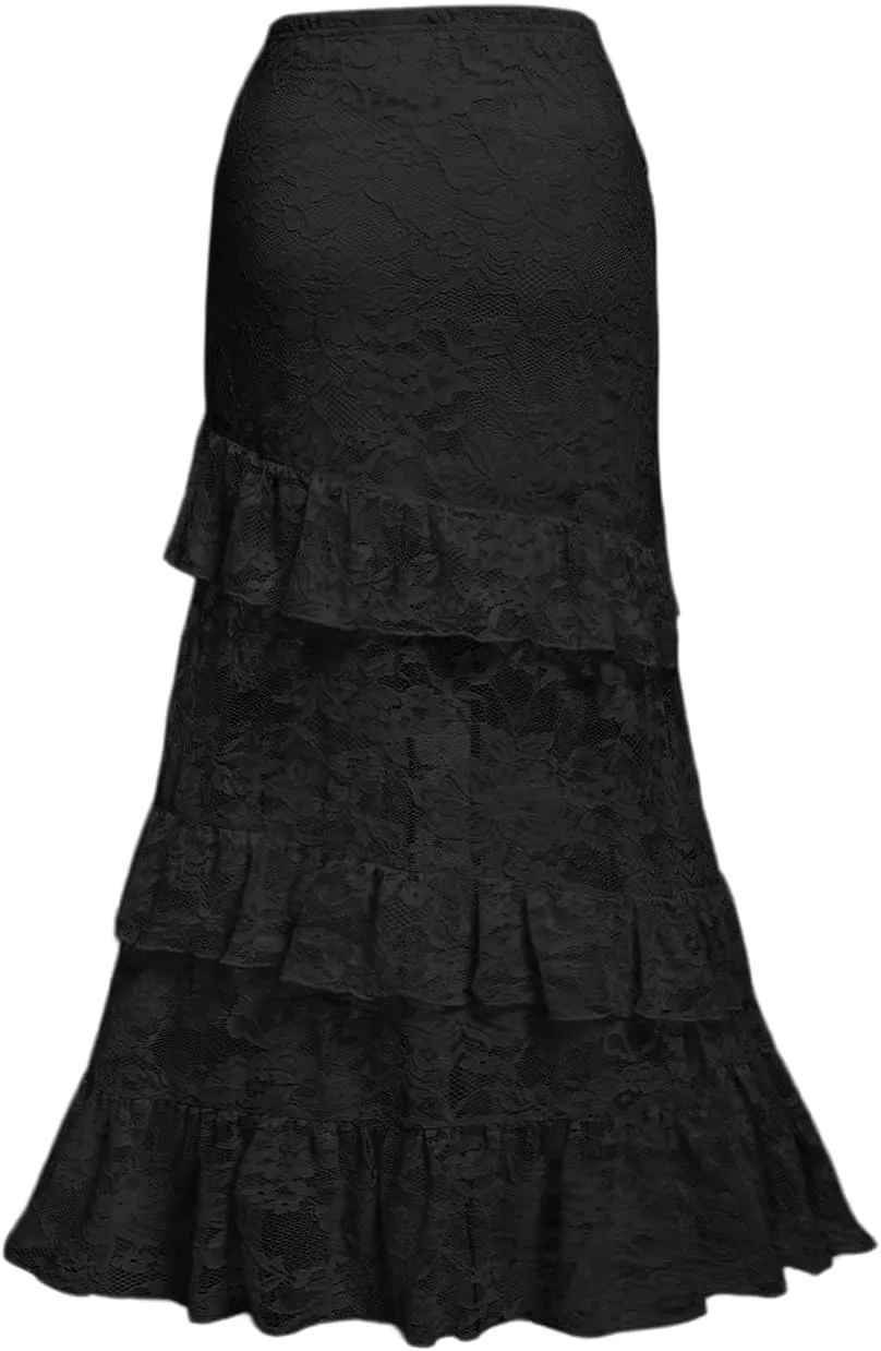 Verdusa Women's Lace Long Skirts High Waist Layered Ruffle Hem A Line Skirt