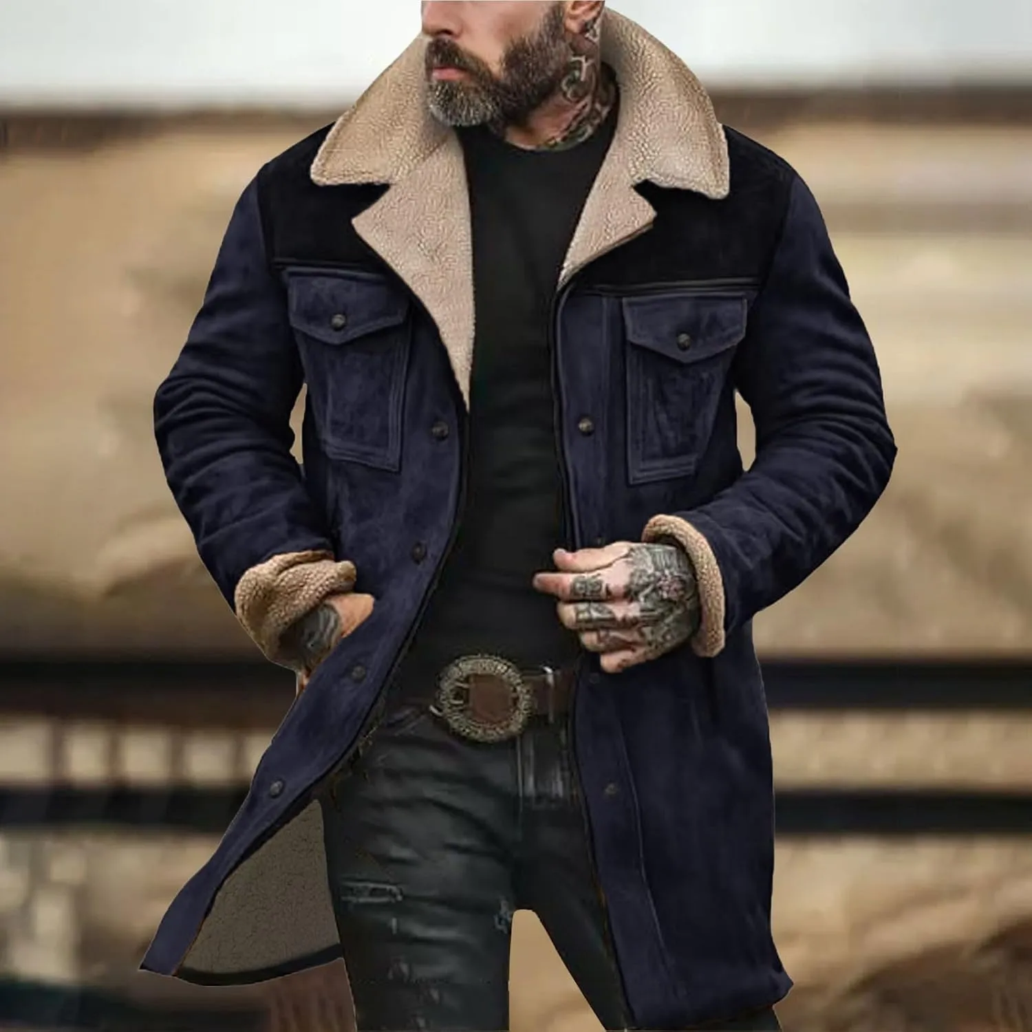 Vintage Suede Jacket for Men Plush Collar Coats Faux Leather Jacket Men Zip Up Motorcycle Jacket Coats Retro Tops