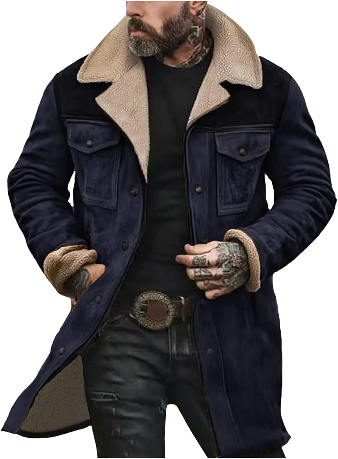 Vintage Suede Jacket for Men Plush Collar Coats Faux Leather Jacket Men Zip Up Motorcycle Jacket Coats Retro Tops
