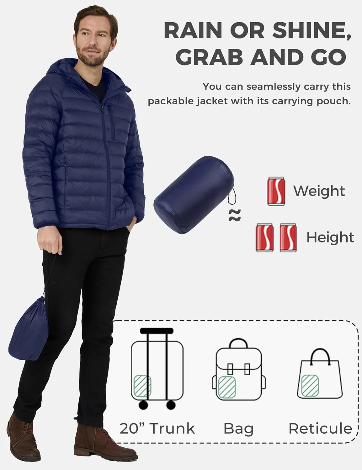 wantdo Men's Packable Down Jacket Lightweight Puffer Jacket Hooded Winter Jacket