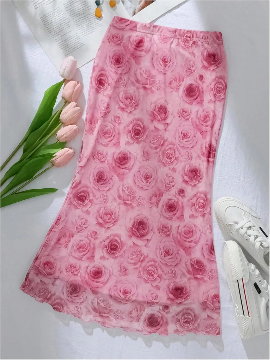 WDIRARA Women's Mesh Boho Floral Print Lettuce Trim Long Skirt Elastic Waist Skinny Skirts