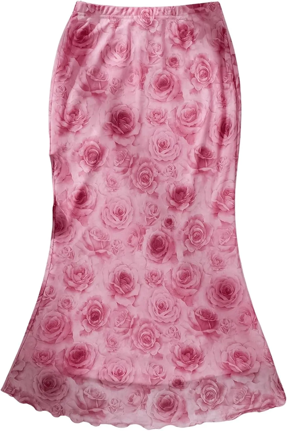 WDIRARA Women's Mesh Boho Floral Print Lettuce Trim Long Skirt Elastic Waist Skinny Skirts