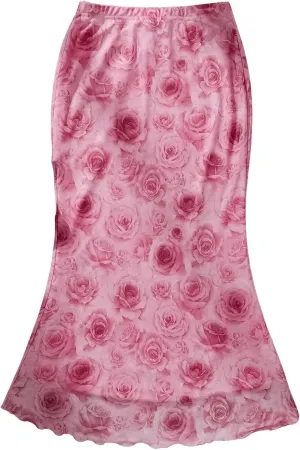 WDIRARA Women's Mesh Boho Floral Print Lettuce Trim Long Skirt Elastic Waist Skinny Skirts
