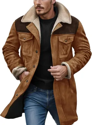 Western Jackets for Men Vintage Suede Leather Jacket Plush Reversed Collar Winter Warm Long Coats Trench Coat Outwear