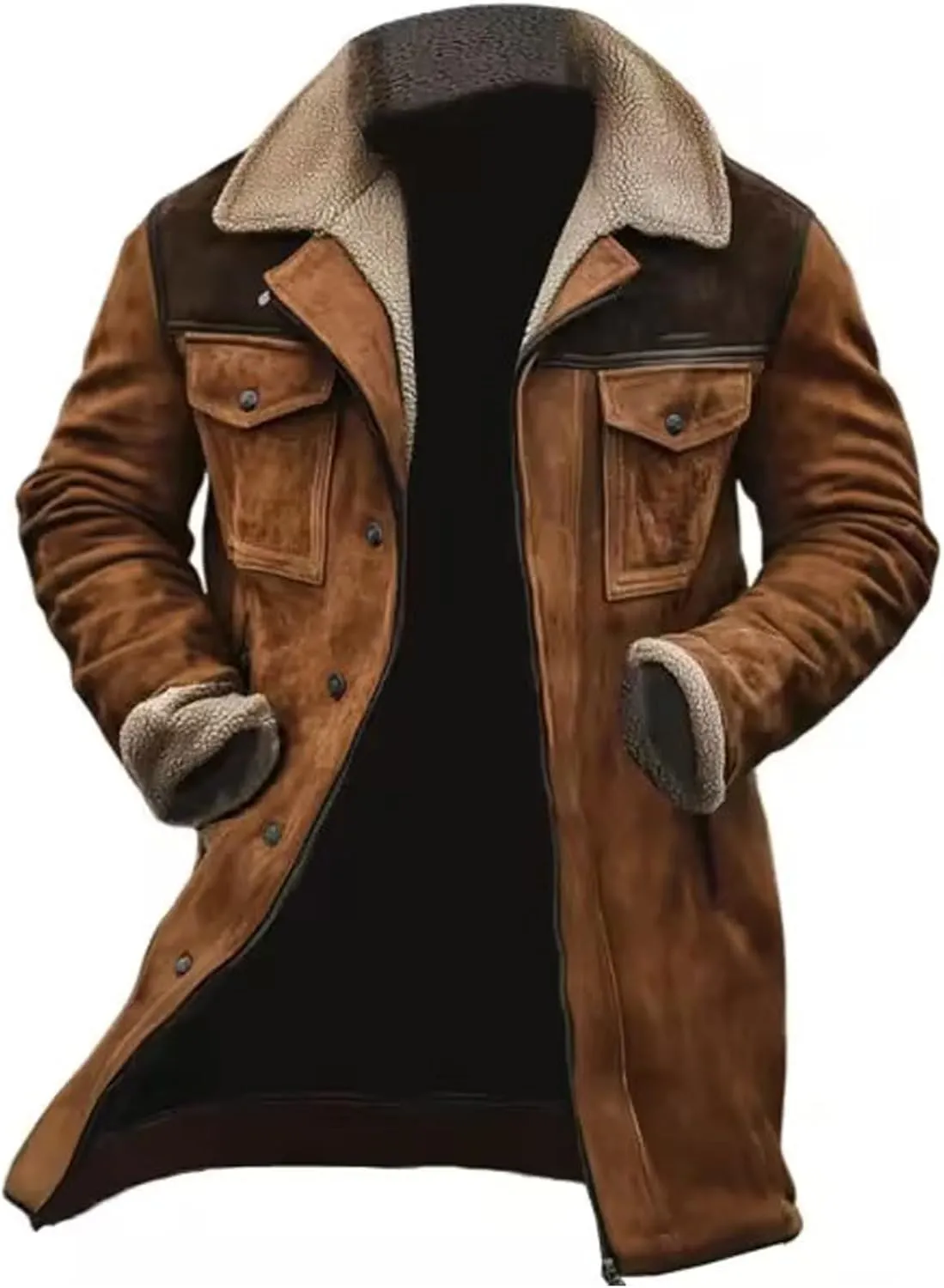 Western Jackets for Men Vintage Suede Leather Jacket Plush Reversed Collar Winter Warm Long Coats Trench Coat Outwear