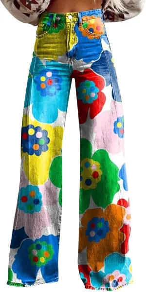 Wide Leg Flare Jeans for Women Vintage Floral Print Baggy Bell Bottom Jean Baggy Retro Boyfriend Flower Denim Pants