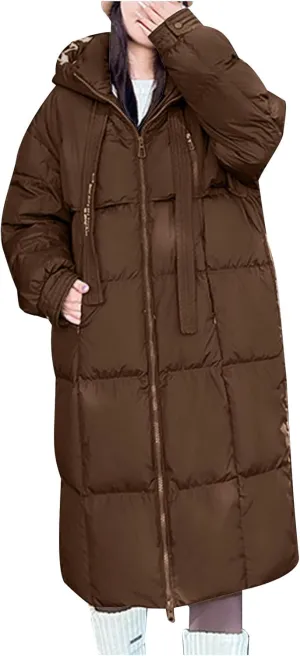 Winter Coats for Women Cotton Padded Down Jacket Mid Length Quilted Overcoat Solid Color Outwear with Hooded 2024