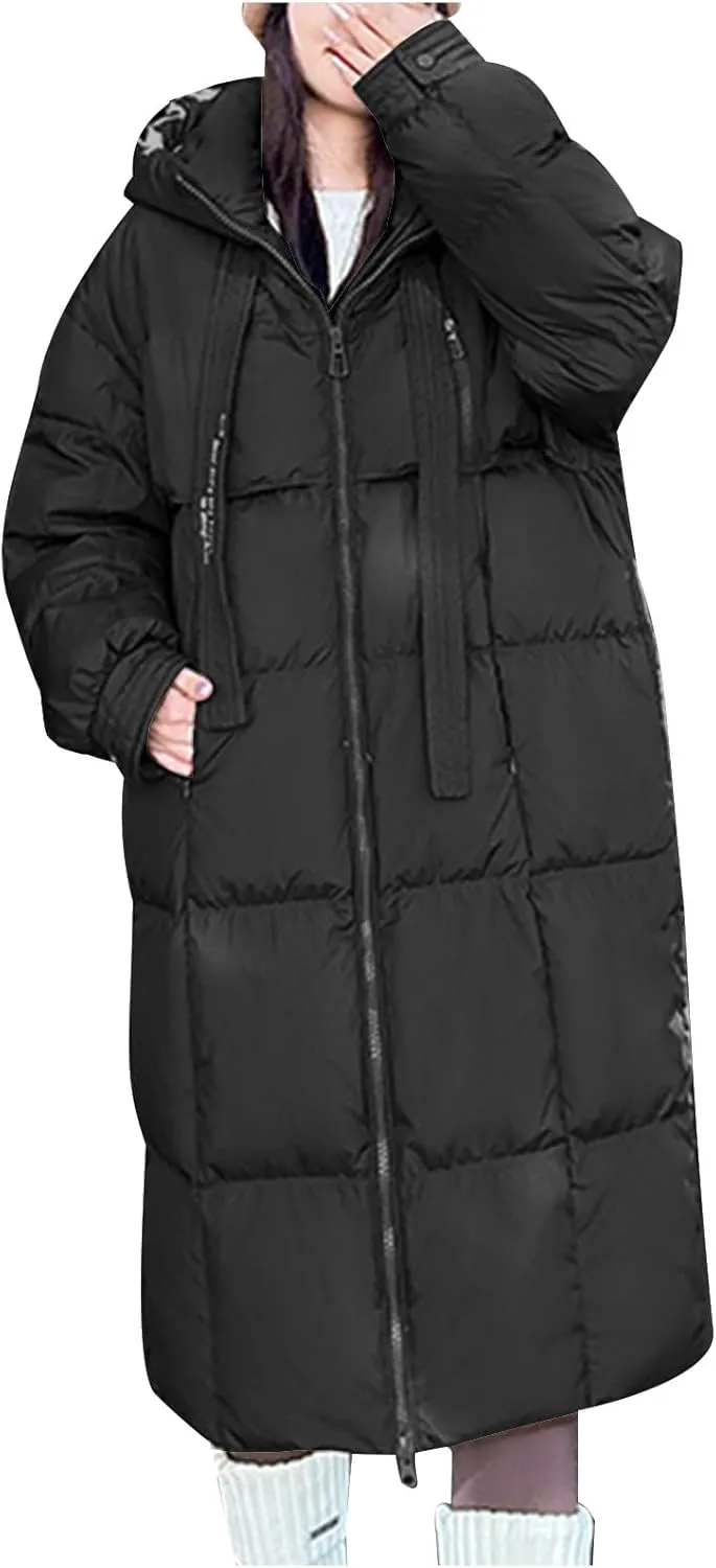 Winter Coats for Women Cotton Padded Down Jacket Mid Length Quilted Overcoat Solid Color Outwear with Hooded 2024
