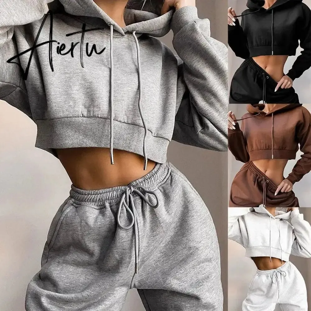 Winter Fleece Hoodies Short Tops and Pants 2 Piece Set Women Tracksuit Sportswear Fashion Casual Streetwear Clothes Outfit
