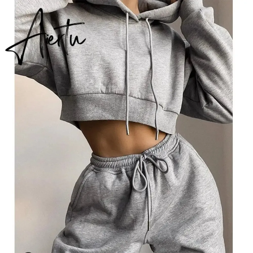 Winter Fleece Hoodies Short Tops and Pants 2 Piece Set Women Tracksuit Sportswear Fashion Casual Streetwear Clothes Outfit