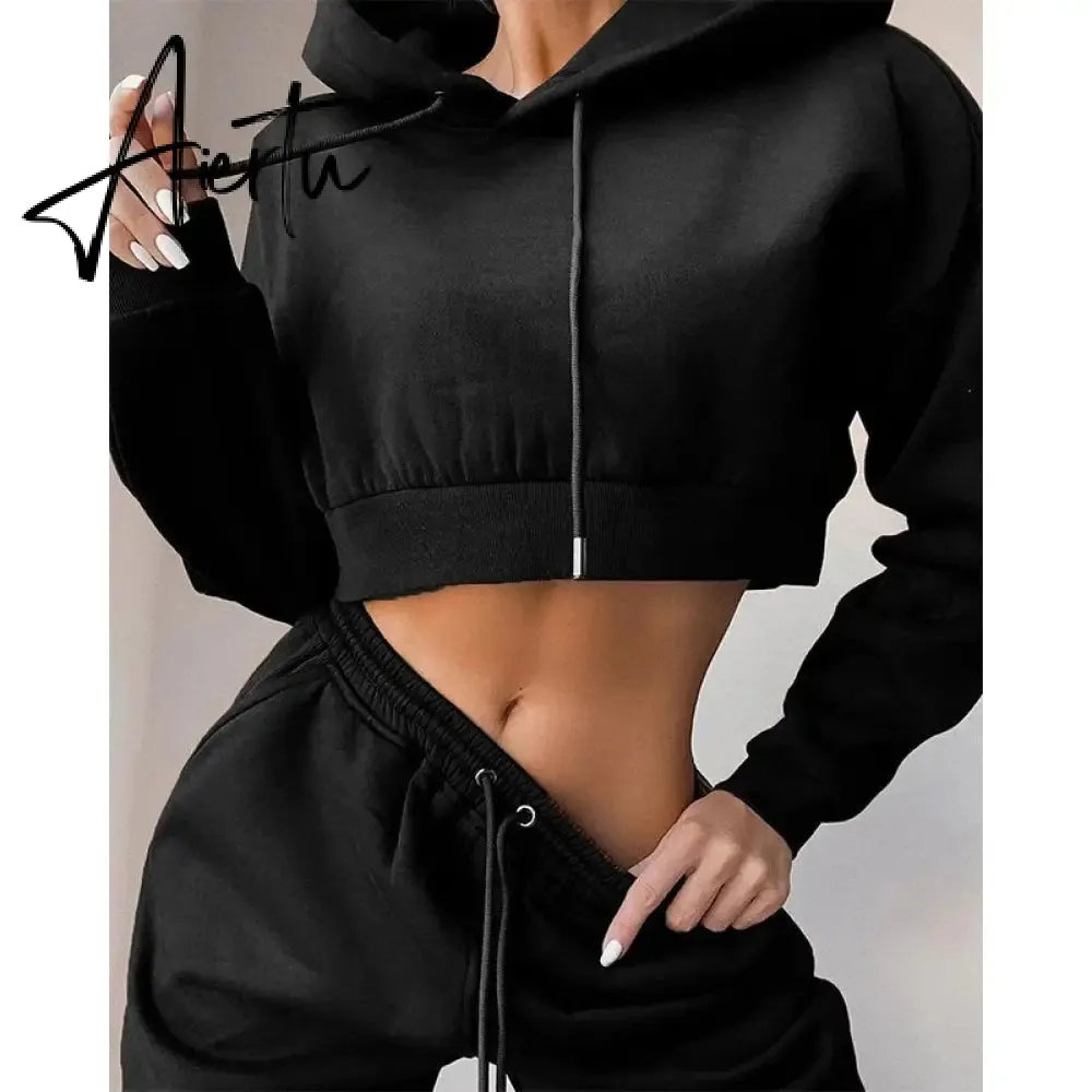 Winter Fleece Hoodies Short Tops and Pants 2 Piece Set Women Tracksuit Sportswear Fashion Casual Streetwear Clothes Outfit
