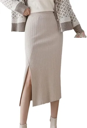 Winter Warm Knit Midi Long Pencil Skirt, Women Korean Style Mid-Length High Waist Side Slit Skirt
