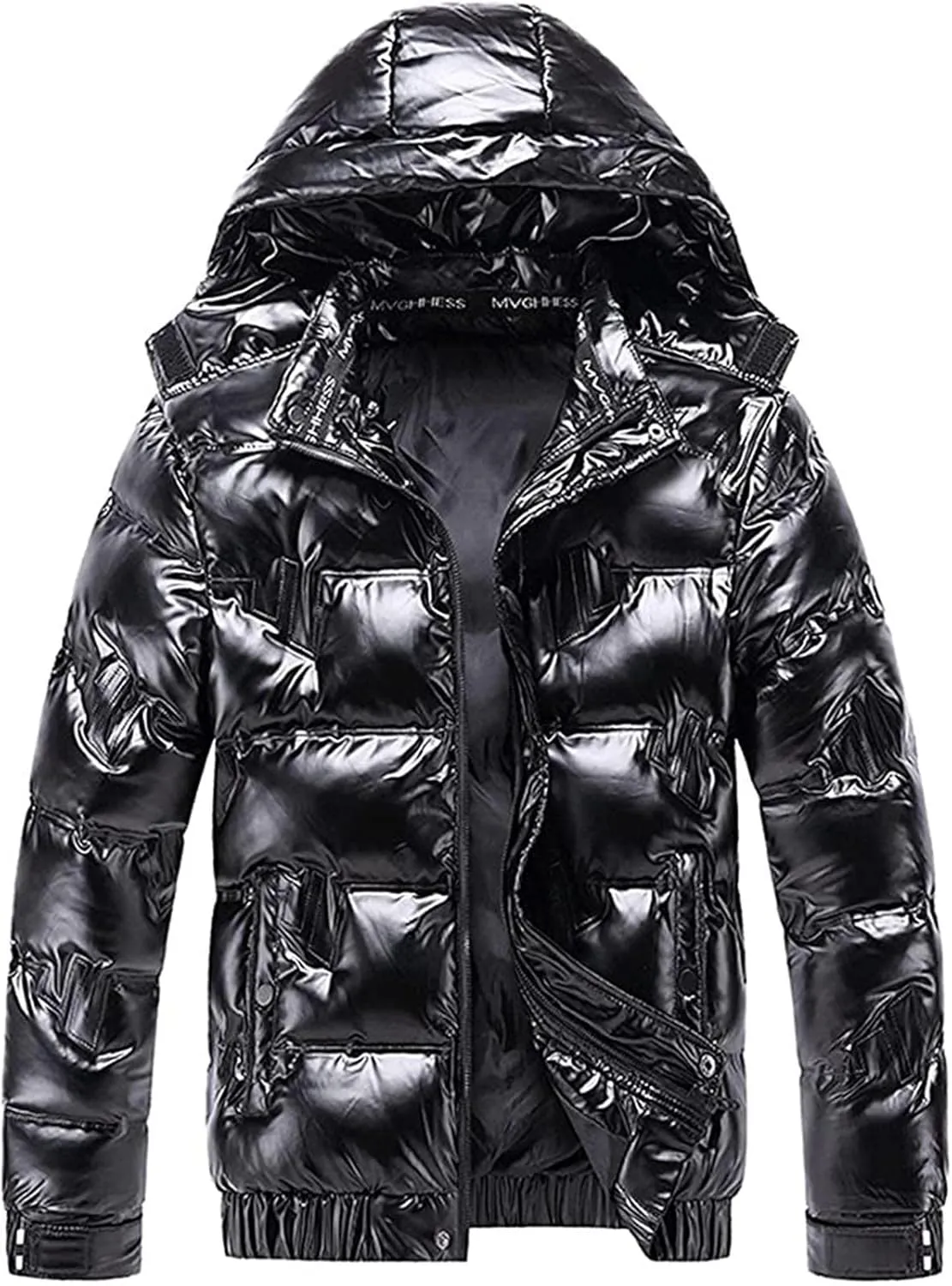 Winter Warm Men Puffer Coat with Fur Hood,Shiny Hooded Reflective Padded Coat Plus Size Bomber Alternative Down Jacket
