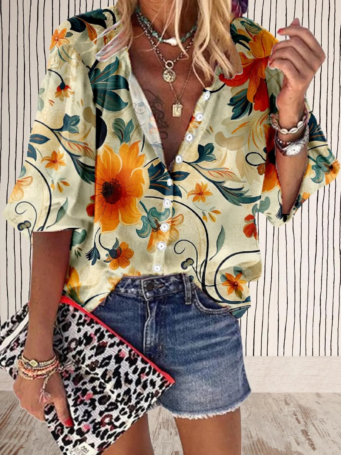 Women Blouse Button Up V Neck 3/4 Lantern Sleeve Floral Print Boho Tunic Tops Dressy Casua Shirts