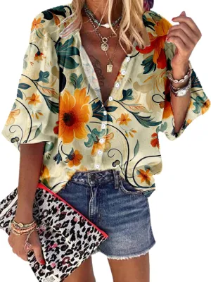 Women Blouse Button Up V Neck 3/4 Lantern Sleeve Floral Print Boho Tunic Tops Dressy Casua Shirts