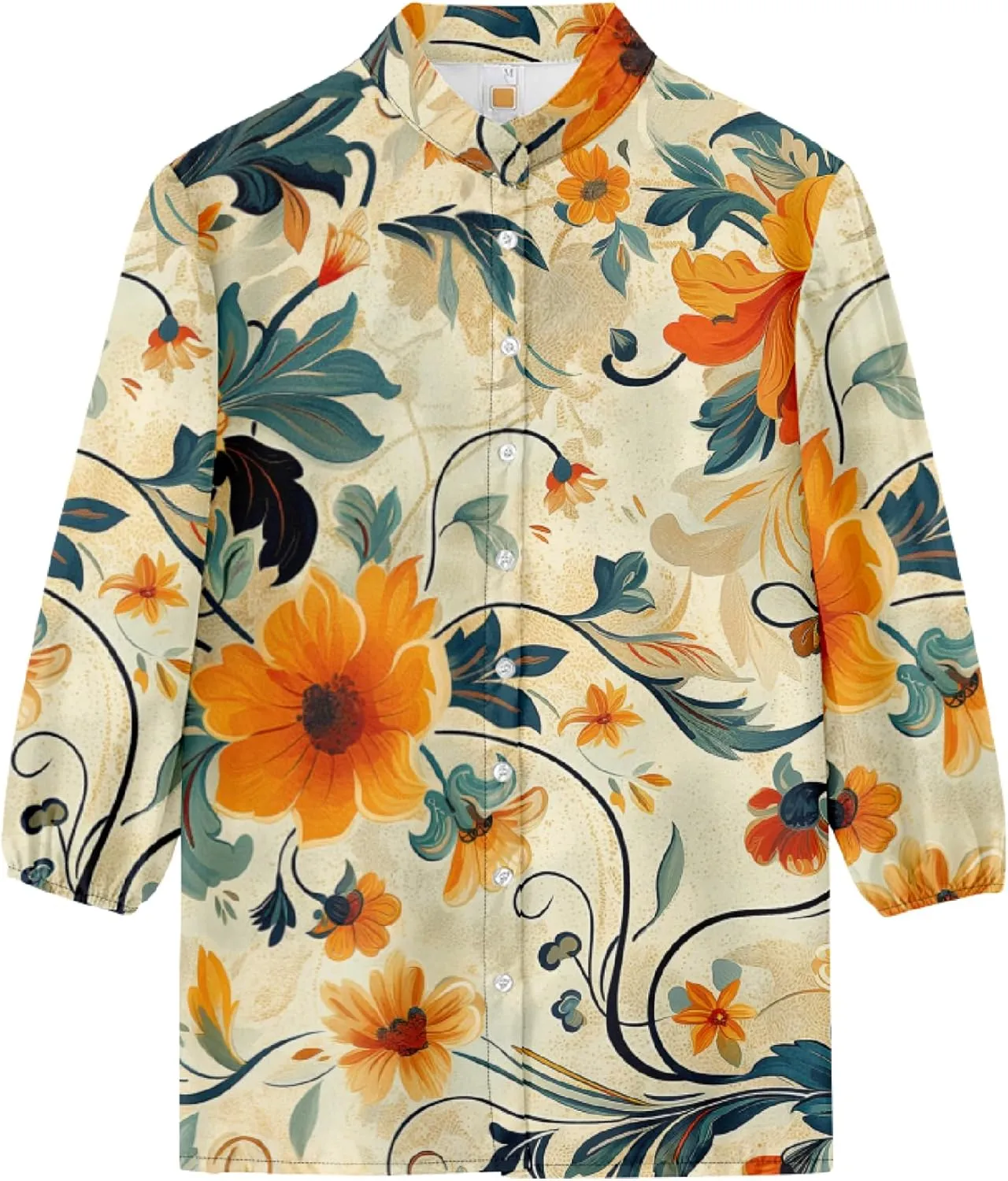 Women Blouse Button Up V Neck 3/4 Lantern Sleeve Floral Print Boho Tunic Tops Dressy Casua Shirts