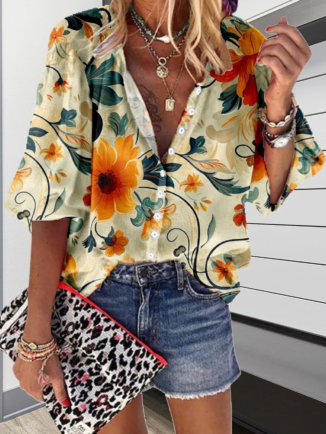 Women Blouse Button Up V Neck 3/4 Lantern Sleeve Floral Print Boho Tunic Tops Dressy Casua Shirts