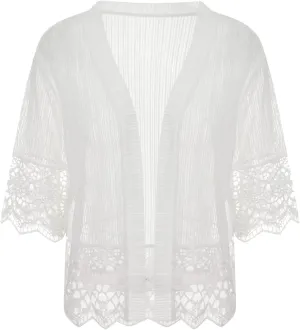 Women Casual Lace Crochet Cardigan Short Sleeve Sheer Cover Up Jacket Ruffle Open Front Blouse Tops Summer Kimono Cardigans