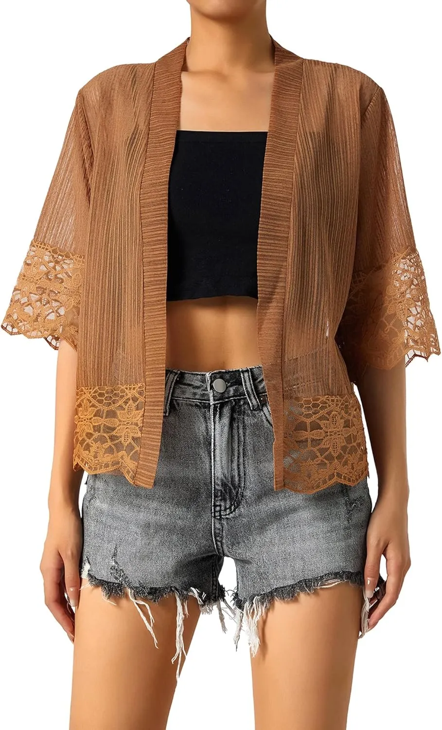 Women Casual Lace Crochet Cardigan Short Sleeve Sheer Cover Up Jacket Ruffle Open Front Blouse Tops Summer Kimono Cardigans