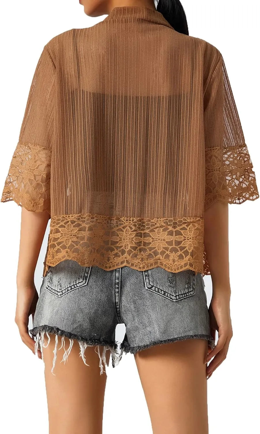 Women Casual Lace Crochet Cardigan Short Sleeve Sheer Cover Up Jacket Ruffle Open Front Blouse Tops Summer Kimono Cardigans