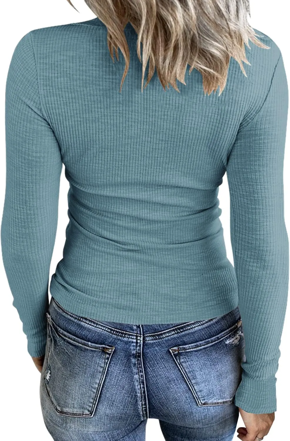 Women Casual Long Sleeve Tunic Tops V-Neck T Shirts Criss Cross Ribbed CasualTee Slim Fitted Fall Blouse