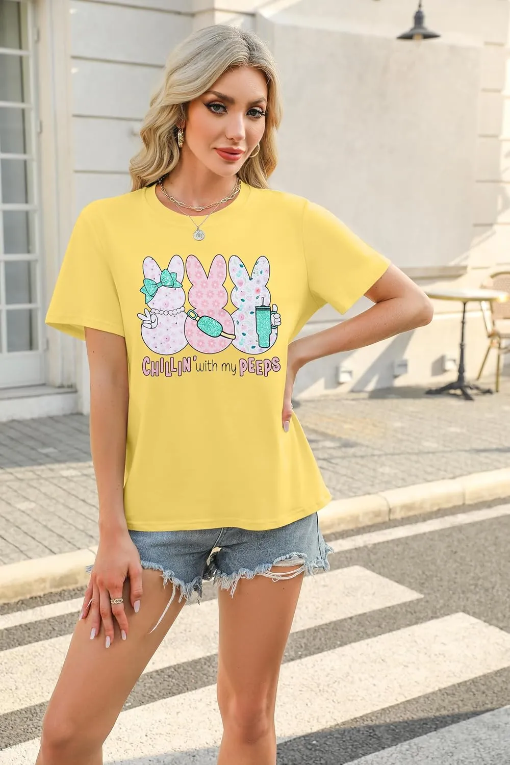Women Chillin'with My Peeps Shirt Easter Shirt Funny Bunny T-Shirt Cute Rabbit Tee Tops Easter Day Gift