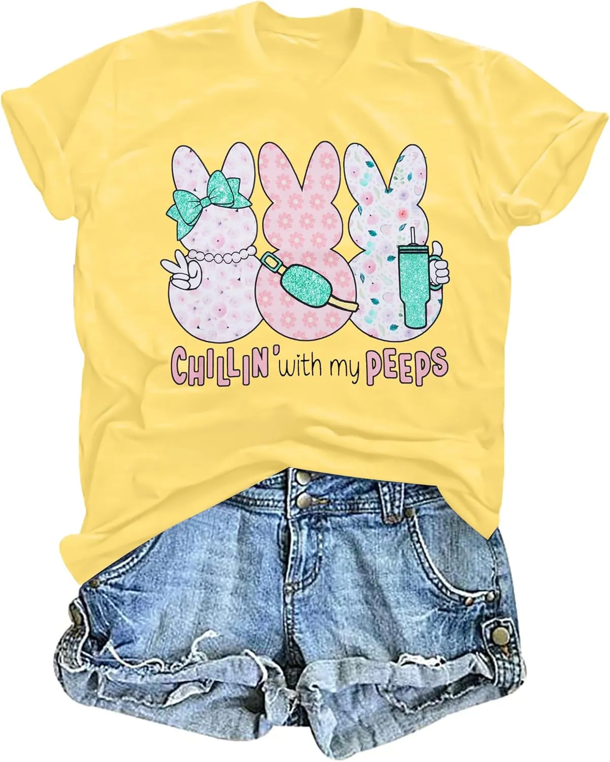 Women Chillin'with My Peeps Shirt Easter Shirt Funny Bunny T-Shirt Cute Rabbit Tee Tops Easter Day Gift