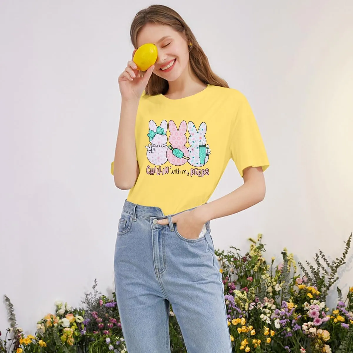 Women Chillin'with My Peeps Shirt Easter Shirt Funny Bunny T-Shirt Cute Rabbit Tee Tops Easter Day Gift
