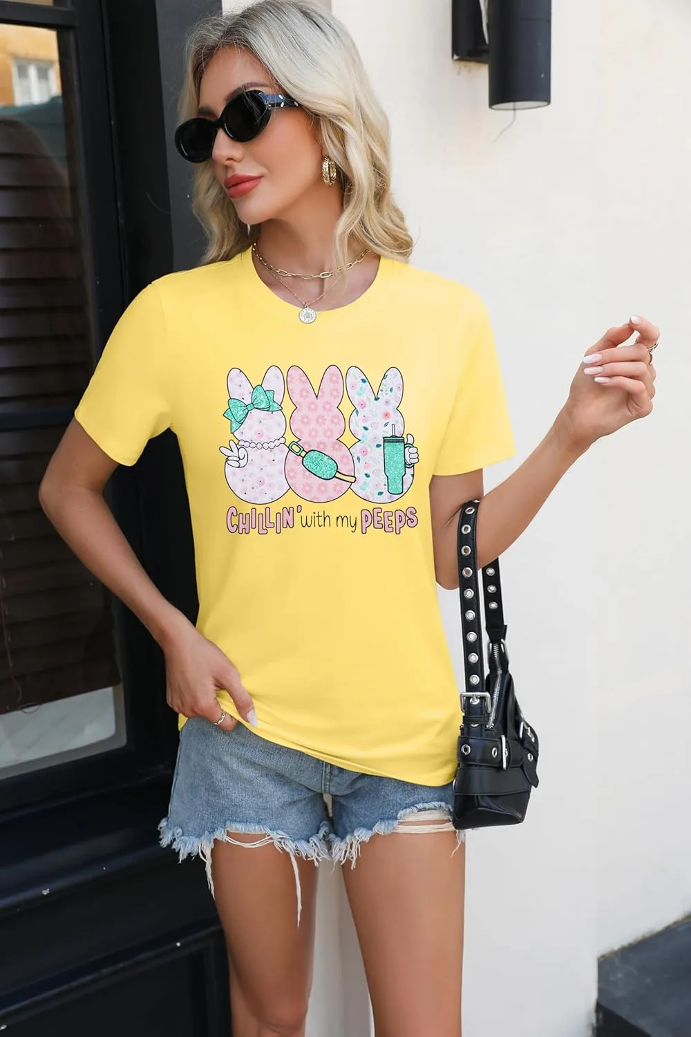Women Chillin'with My Peeps Shirt Easter Shirt Funny Bunny T-Shirt Cute Rabbit Tee Tops Easter Day Gift