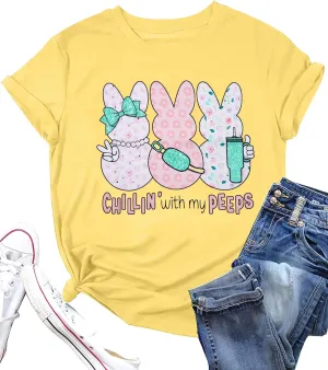 Women Chillin'with My Peeps Shirt Easter Shirt Funny Bunny T-Shirt Cute Rabbit Tee Tops Easter Day Gift