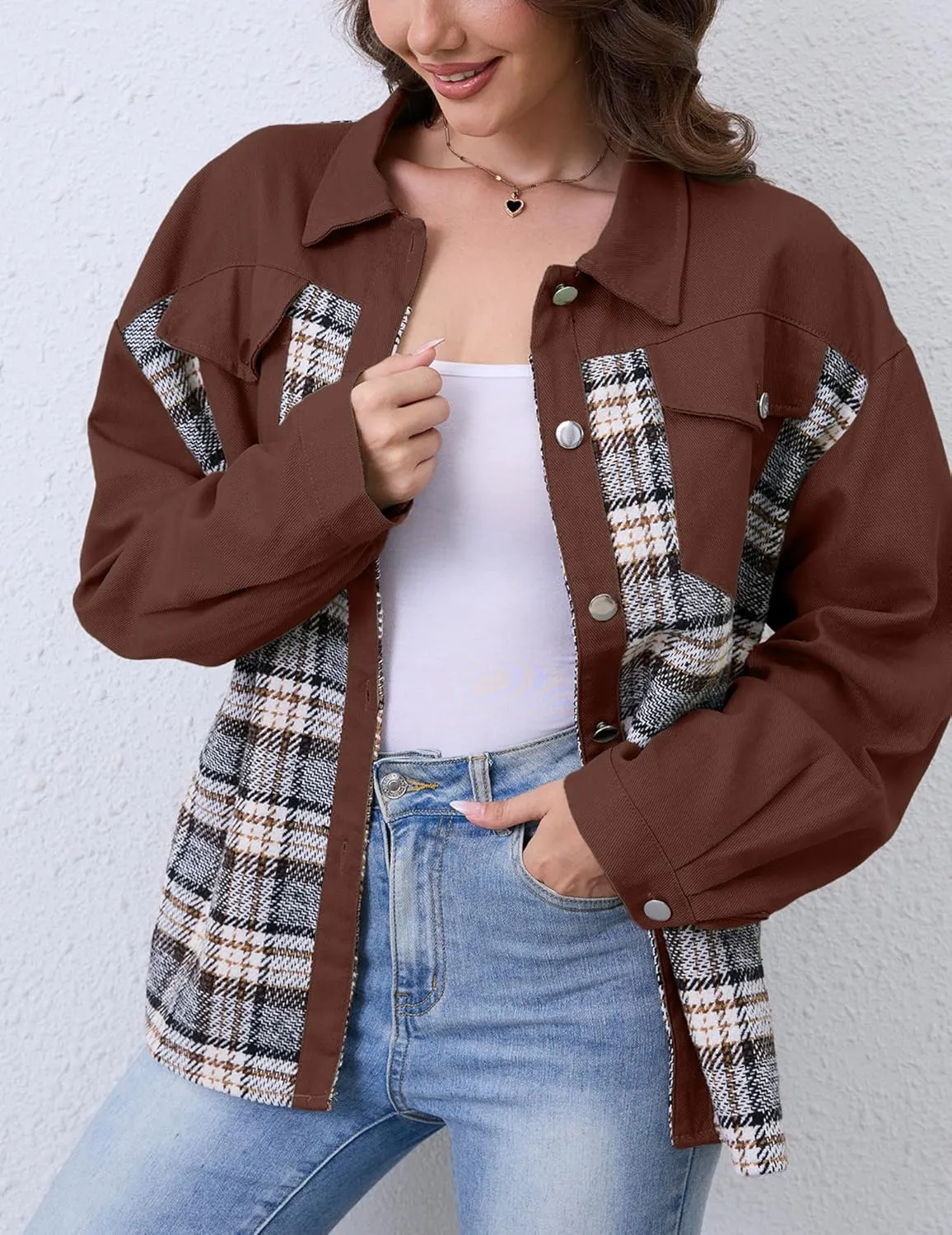 Women Denim Jean Jacket Plaid Shackets Button Down Lightweight Oversized Pocketed Coat Outfits Tops 2024 Fall