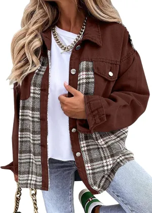Women Denim Jean Jacket Plaid Shackets Button Down Lightweight Oversized Pocketed Coat Outfits Tops 2024 Fall